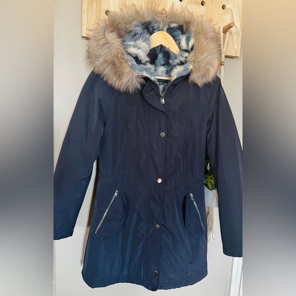 Laundry by Shelli Segal Navy Blue Faux Fur Hooded Parka Winter Coat Size XS NWOT